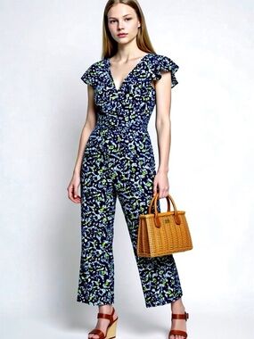 Tanya Taylor Avalon Navy Floral belted V-Neck Ruffle Sleeve Cropped Jumpsuit sz4